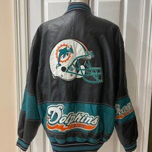Y2K 90’s NFL MIAMI DOLPHINS MOTO JACKET Sz XL BLACK/ TEAL ORANGE RETRO FOOTBALL